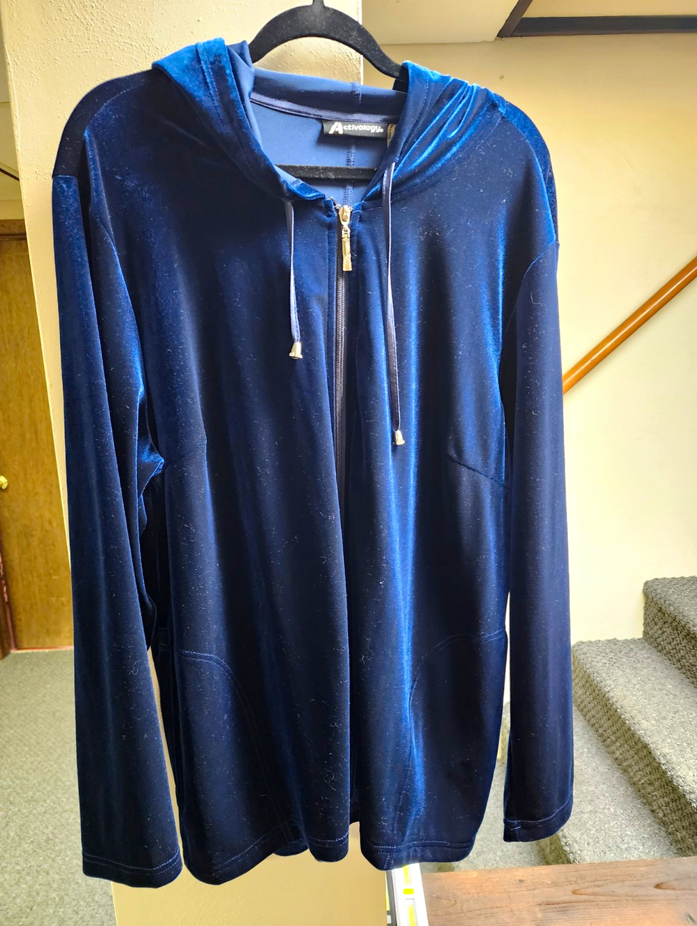 Activology Women's Blue Solid Velour Full Zip Hoodie Pockets 2X Plus
